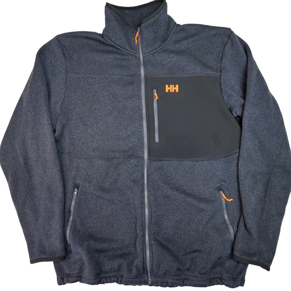 Helly Hansen Mens 2XL Navy Blue Knit Fleece Full Zip Jacket Orange Accents